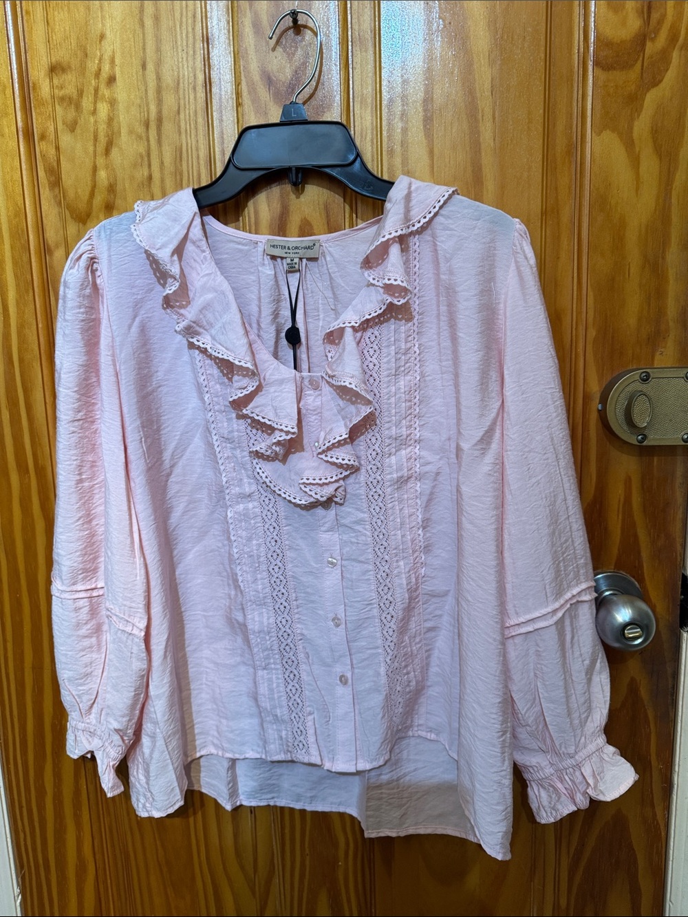 Ruffled Button-Front Women's Blouse in Soft Pink